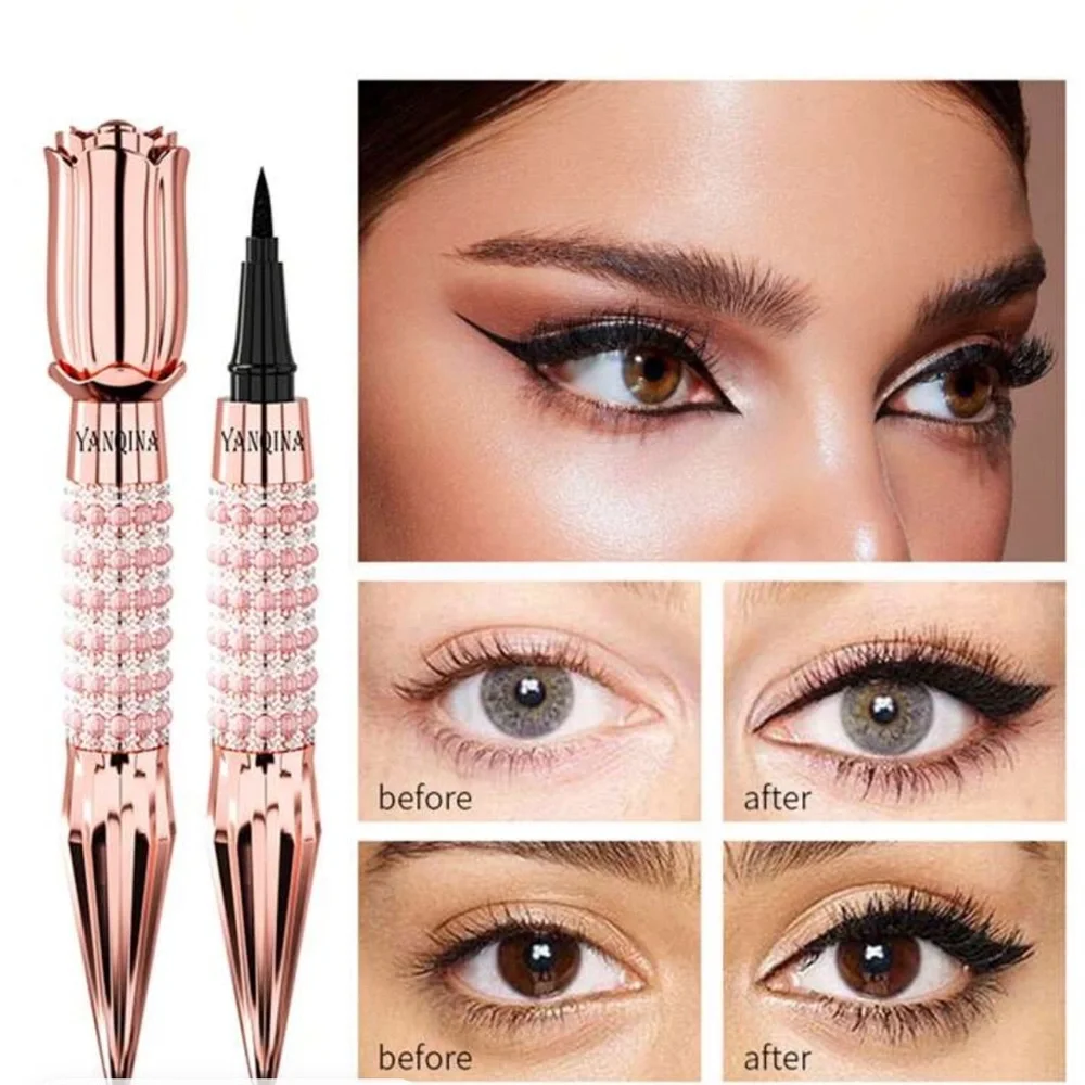 Long-Lasting Black Liquid Eyeliner Pen with Rhinestone Bronzing Effect Waterproo